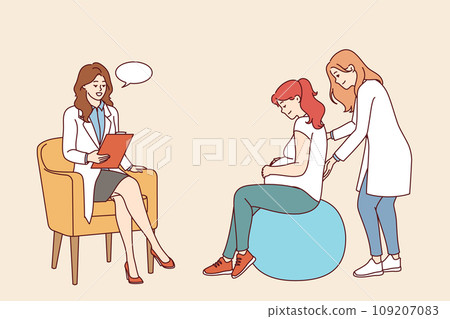 Pregnant woman undergoes courses for expectant mothers sits on inflatable fitness ball 109207083