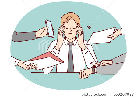 Annoyed businessman overwhelmed workload 109207088