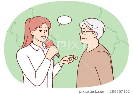 Female journalist interview elderly man Female journalist interview elderly man 109207102
