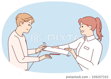 Female receptionist give document for client to sign 109207103