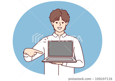 Smiling man point at laptop Smiling man point at laptop 109207116