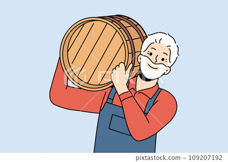 Man winery owner carries barrel of wine on shoulder and smiles, rejoicing at good grape harvest Man winery owner carries barrel of wine on shoulder and smiles, rejoicing at good grape harvest 109207192