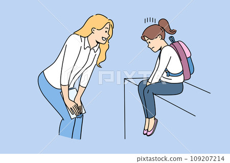 Woman teacher supports and motivates sad child who has problems with socialization 109207214