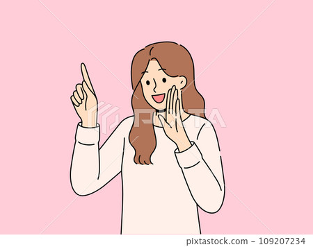 Woman tells secret by putting palm to mouth and pointing finger up recommend paying attention to ads 109207234