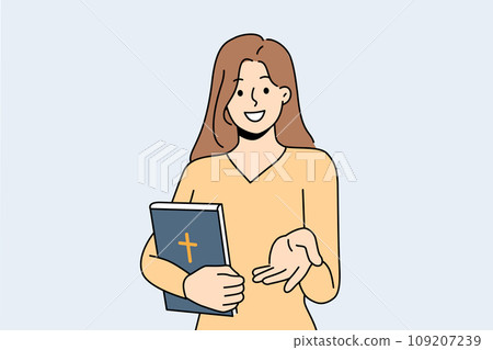 Believer woman with bible lends helping hand or invites them to christian charity organization 109207239