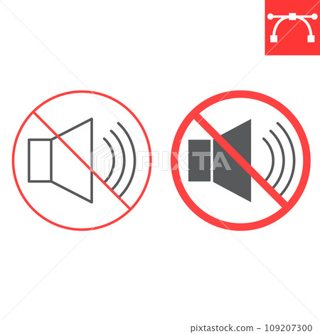 No sound line and glyph icon, prohibition and forbidden, sound off sign, vector graphics, editable stroke outline sign, eps 10. No sound line and glyph icon, prohibition and forbidden, sound off sign, vector graphics, editable stroke outline sign, eps 10. 109207300