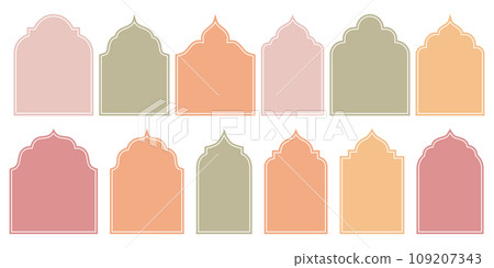 Flat Style Vector Design of Islamic Shape Window Door Frames in Retro Boho Colors. Aesthetic Illustrations Perfect for Various Design Applications. 109207343