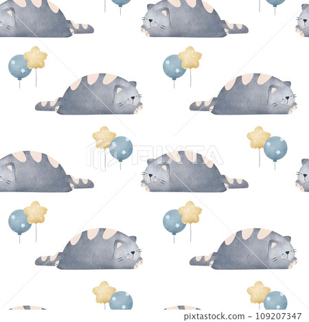 Sleeping cats and balloons seamless pattern cute watercolor chubby kitty painting funny pets print Sleeping cats and balloons seamless pattern cute watercolor chubby kitty painting funny pets print 109207347