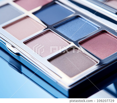 A close-up of pearlescent shimmery palette of blue eyeshadows for creating eye makeup. A close-up of pearlescent shimmery palette of blue eyeshadows for creating eye makeup. 109207729