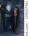 Stepmother witch gives poisoned red apple.Woman as witch in black offers red apple as symbol of temptation, poison. Fairy tale, white snow wizard concept. Spooky Halloween, cosplay. 109207981