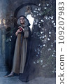 Stepmother witch gives poisoned red apple.Woman as witch in black offers red apple as symbol of temptation, poison. Fairy tale, white snow wizard concept. Spooky Halloween, cosplay. 109207983