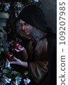 Stepmother witch gives poisoned red apple.Woman as witch in black offers red apple as symbol of temptation, poison. Fairy tale, white snow wizard concept. Spooky Halloween, cosplay. 109207985