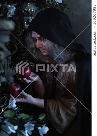 Stepmother witch gives poisoned red apple.Woman as witch in black offers red apple as symbol of temptation, poison. Fairy tale, white snow wizard concept. Spooky Halloween, cosplay. 109207985