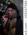 Stepmother witch gives poisoned red apple.Woman as witch in black offers red apple as symbol of temptation, poison. Fairy tale, white snow wizard concept. Spooky Halloween, cosplay. 109207988