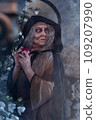 Stepmother witch gives poisoned red apple.Woman as witch in black offers red apple as symbol of temptation, poison. Fairy tale, white snow wizard concept. Spooky Halloween, cosplay. 109207990