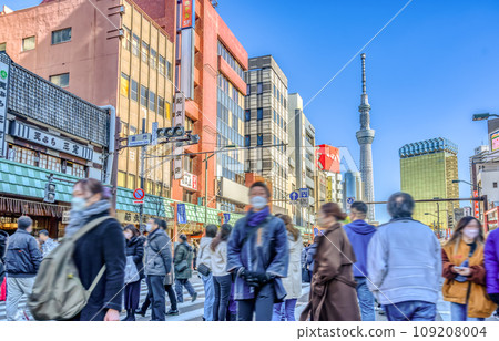 Tokyo's urban landscape, Asakusa, a pedestrian zone for the first three days of the New Year 109208004