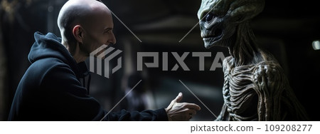 An Unexpected Encounter: Human and Alien Greet Each Other with a Handshake 109208277