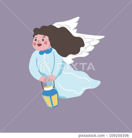 Angelic girl kid with wings and glowing lantern Angelic girl kid with wings and glowing lantern 109208306