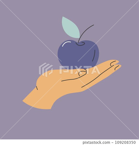 Apple with leaf and stem in hand, action symbol 109208350