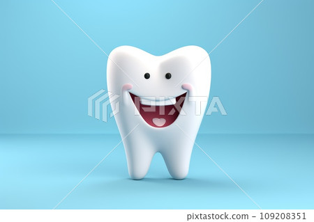 A happy tooth smiling happily on a blue monochrome background. A happy tooth smiling happily on a blue monochrome background. 109208351
