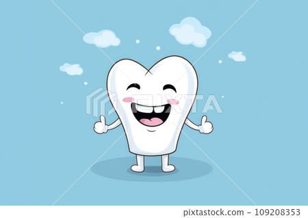 A happy tooth smiling happily on a blue monochrome background. A happy tooth smiling happily on a blue monochrome background. 109208353