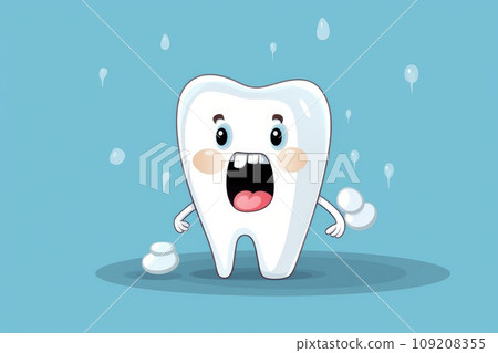 A happy tooth smiling happily on a blue monochrome background. A happy tooth smiling happily on a blue monochrome background. 109208355