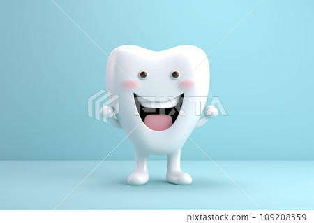 A happy tooth smiling happily on a blue monochrome background. 109208359