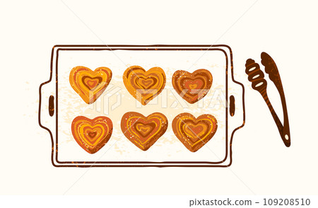 Buns in the shape of heart on baking tray with bakery tongs. Vector illustration. Isolated on white background. Sweet puffs in modern textured style Buns in the shape of heart on baking tray with bakery tongs. Vector illustration. Isolated on white background. Sweet puffs in modern textured style 109208510