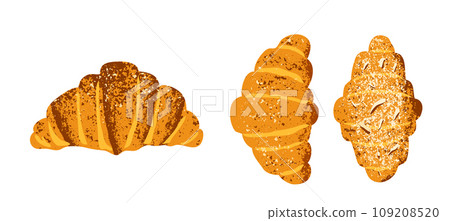 Croissant vector illustration set. Bakery pastry different types with almond, chocolate. French crescent in textured modern style 109208520