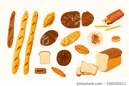 Bread, bakery vector illustration. Homemade baked products of different types isolated on white background. Rye loaf, wheat bun, baguette, toast, pita, ciabatta in modern texture style 109208521