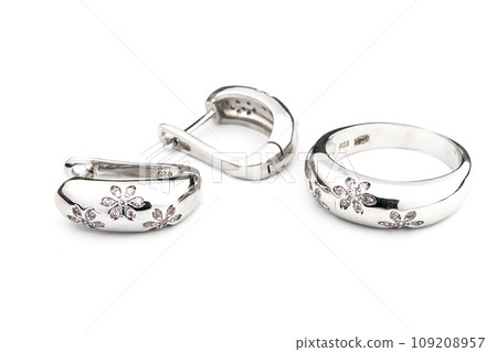 Silver jewels collection with crystals in minimalism style. Silver set of earrings and silver necklace 109208957