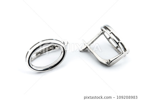 Luxury silver round earrings big jewelry for women isolated on white background, clipping path included Luxury silver round earrings big jewelry for women isolated on white background, clipping path included 109208983