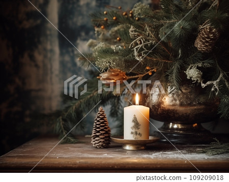 Decorative winter arrangement with fir and candles in cozy home interior, stylish room decor for Christmas holiday season, afternoon daylight Decorative winter arrangement with fir and candles in cozy home interior, stylish room decor for Christmas holiday season, afternoon daylight 109209018