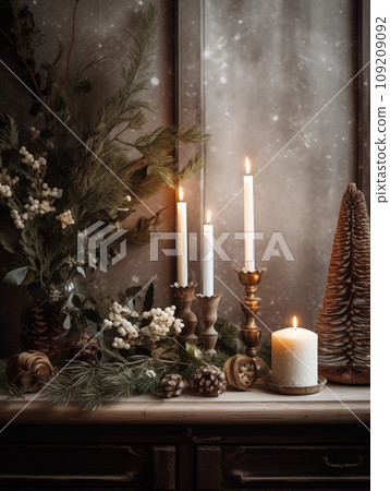 Decorative winter arrangement with fir and candles in cozy home interior, stylish room decor for Christmas holiday season, afternoon daylight Decorative winter arrangement with fir and candles in cozy home interior, stylish room decor for Christmas holiday season, afternoon daylight 109209092