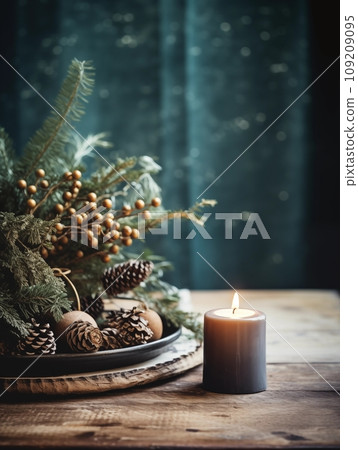 Decorative winter arrangement with fir and candles in cozy home interior, stylish room decor for Christmas holiday season, afternoon daylight 109209095