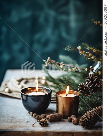 Decorative winter arrangement with fir and candles in cozy home interior, stylish room decor for Christmas holiday season, afternoon daylight Decorative winter arrangement with fir and candles in cozy home interior, stylish room decor for Christmas holiday season, afternoon daylight 109209097