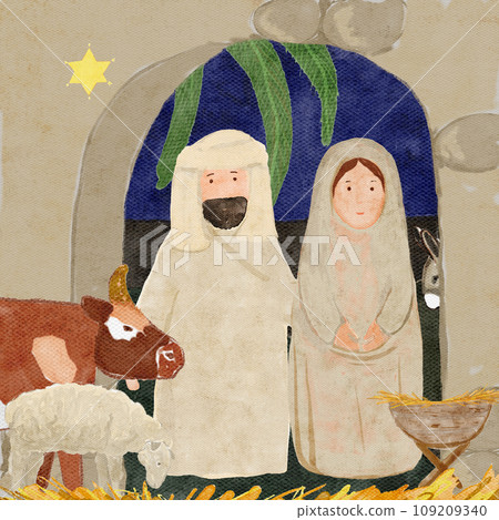 Hand painted watercolor manger, holy family, animals Hand painted watercolor manger, holy family, animals 109209340