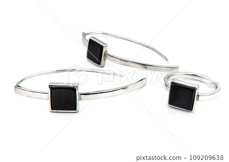 Silver jewels collection with crystals in minimalism style. Silver set of earrings and silver necklace 109209638