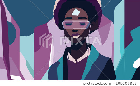 Metaverse Digital Virtual Reality Technology of a woman with glasses and a headset VR connected to the virtual space. Vector Illustration. 109209815