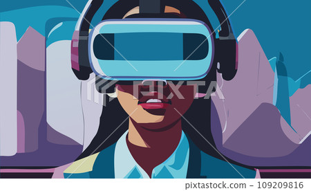Metaverse Digital Virtual Reality Technology of a woman with glasses and a headset VR connected to the virtual space. Vector Illustration. Metaverse Digital Virtual Reality Technology of a woman with glasses and a headset VR connected to the virtual space. Vector Illustration. 109209816