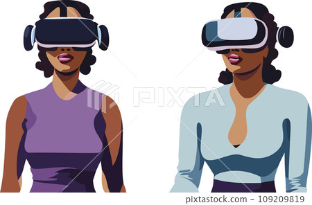 Metaverse Digital Virtual Reality Technology of a woman with glasses and a headset VR connected to the virtual space. Vector Illustration. 109209819