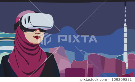 Metaverse Digital Virtual Reality Technology of a woman with glasses and a headset VR connected to the virtual space. Vector Illustration. 109209851