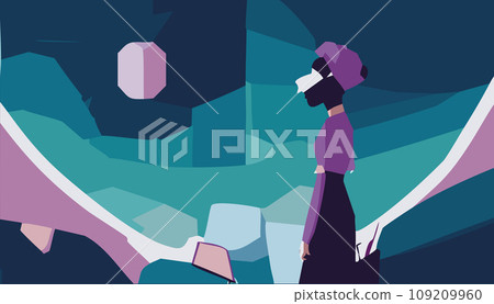 Metaverse Digital Virtual Reality Technology of a woman with glasses and a headset VR connected to the virtual space. Vector Illustration. 109209960