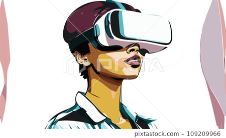 Metaverse Digital Virtual Reality Technology of a woman with glasses and a headset VR connected to the virtual space. Vector Illustration. Metaverse Digital Virtual Reality Technology of a woman with glasses and a headset VR connected to the virtual space. Vector Illustration. 109209966