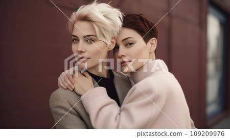 Portrait of a smiling young lesbian couple 109209976