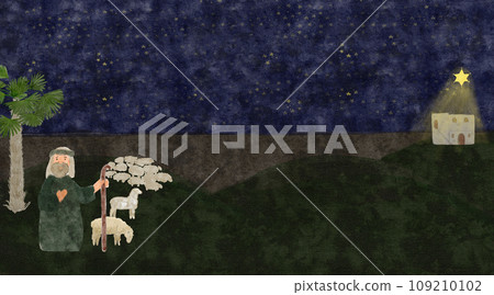 Hand painted watercolor Bethlehem, shepherd, sheep, Christmas star isolated on white 109210102
