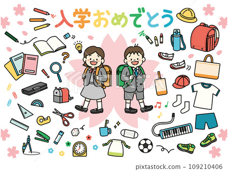 一名新一年級學生背著書包和文具進入小學的插圖集 109210406