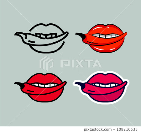Sexy lips with chili pepper, red hot chili pepper in open mouth, set Illustration in the cartoon style 109210533