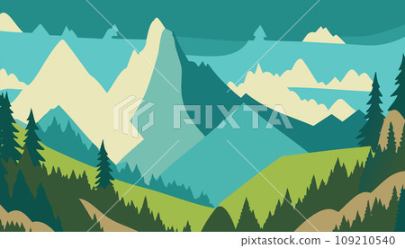 Vector illustration of beautiful dark blue mountain landscape with fog and forest. sunrise and sunset in mountains. 109210540