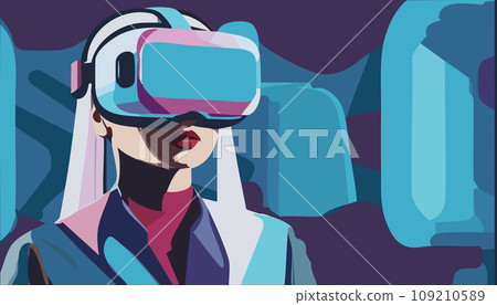 Metaverse Digital Virtual Reality Technology of a woman with glasses and a headset VR connected to the virtual space. Vector Illustration. 109210589